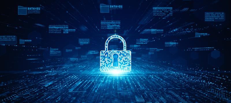 Glowing digital padlock icon over a blue high-tech data grid representing cybersecurity and data protection.